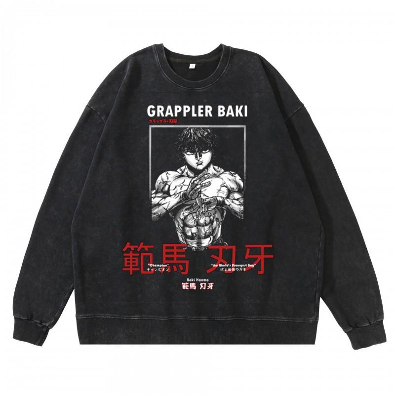 Heavyweight 360g Washed Vintage Baki Hanma Anime Graphic Hoodie-Free Cotton Sweatshirt Men