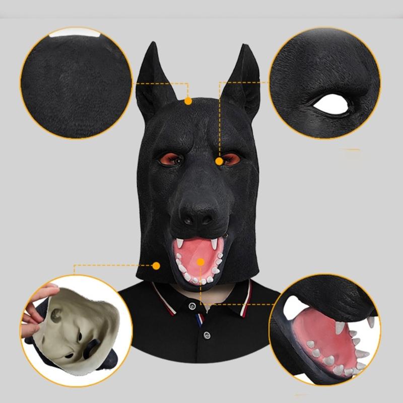 Unisex Latexdjur Hundmask Rolig Svart Hund Helmask Huvudbonad Maskeradkostym Halloween Cosplay Tillbehör