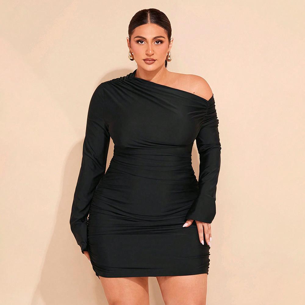 Plus Size Women Elegant One Shoulder Long Sleeve High Waist Mini Bodycon Dress 1XL