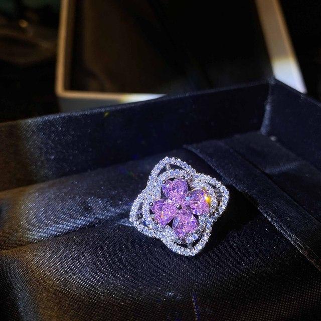 

Новое роскошное кольцо из серебра 925 пробы с аквамарином и четырьмя листьями клевера, высокоуглеродистое кольцо с бриллиантом в виде сердца, подарок на день рождения Resizable розовый