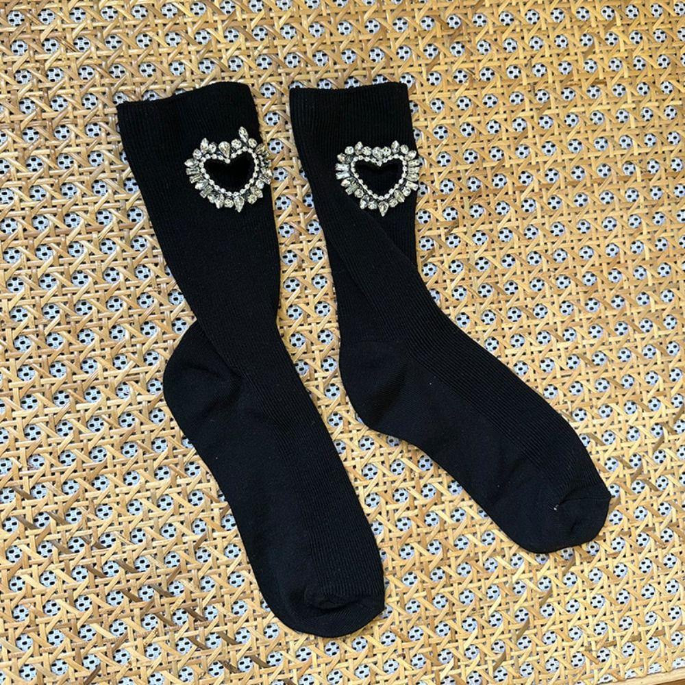 Cotton Y2K Tube Socks Crystal Mid-calf Socks Women Soft Rhinestone Heart Socks  Female