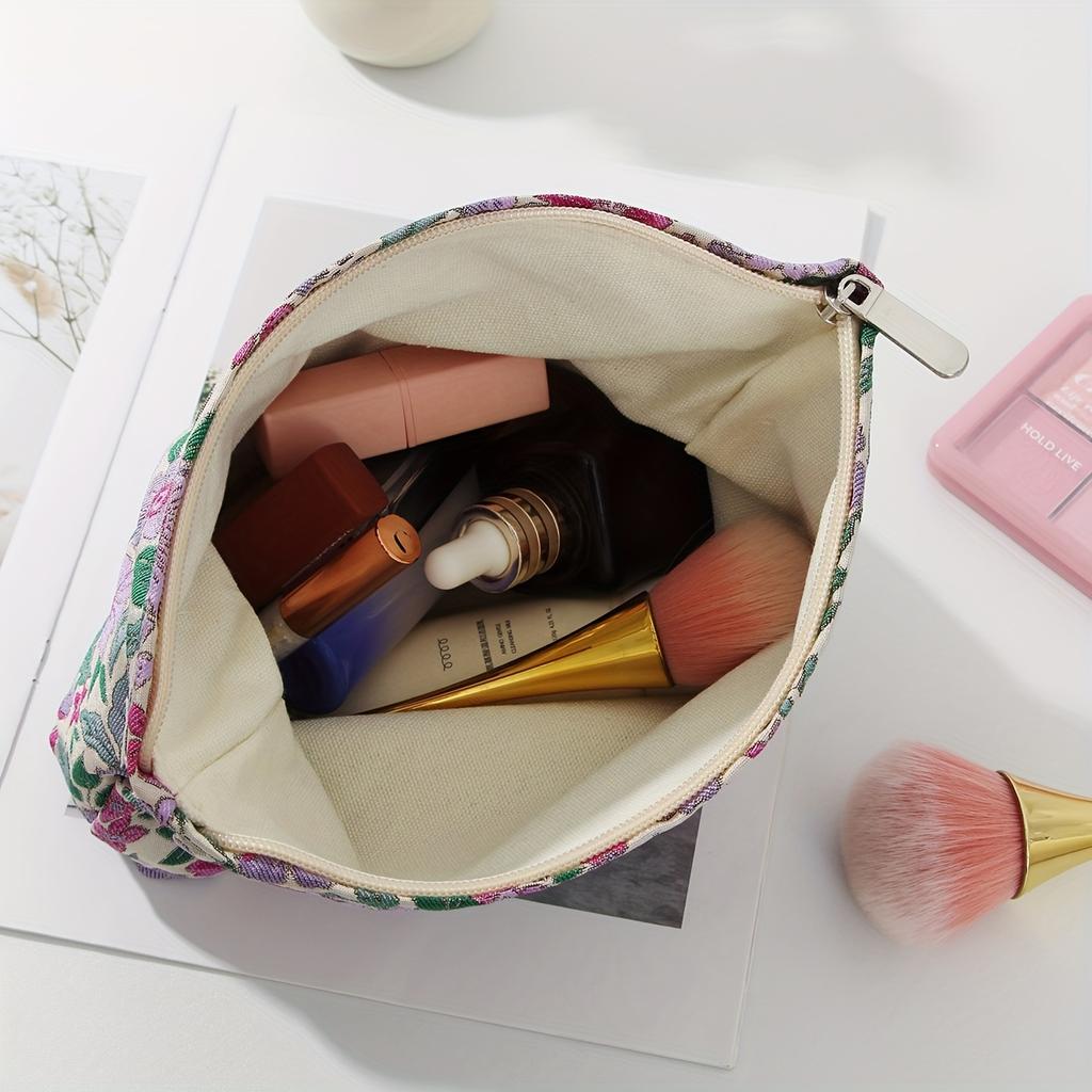 Large Capacity Cosmetic Bag with Purple Flower Print, Travel Makeup Organizer & Brush Pouch, Wash Bag Gift for Women Students