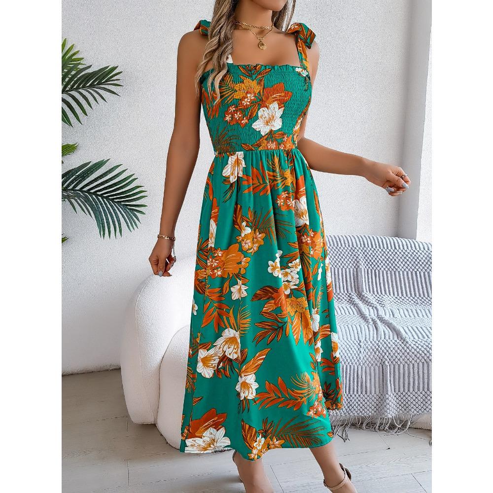 Frühlings- und Sommer-Blumen-Bindegürtel-Trägerrock Urlaub Strand Langer Rock Mode Damen Langer Rock