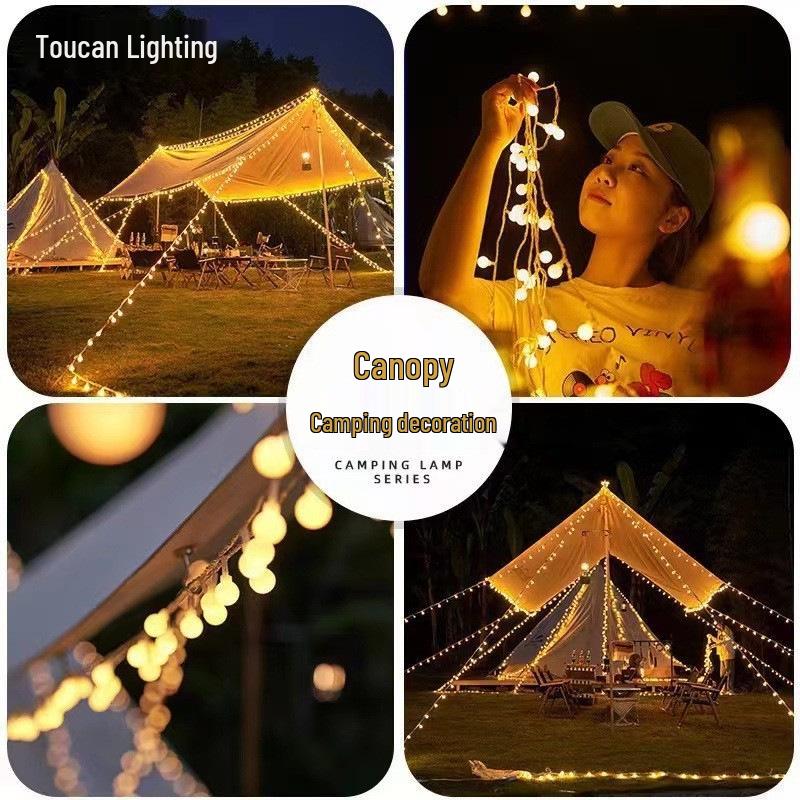 Frosted Bubble Ball, Star, and Cherry Blossom String Lights for Outdoor Camping Tent Decor