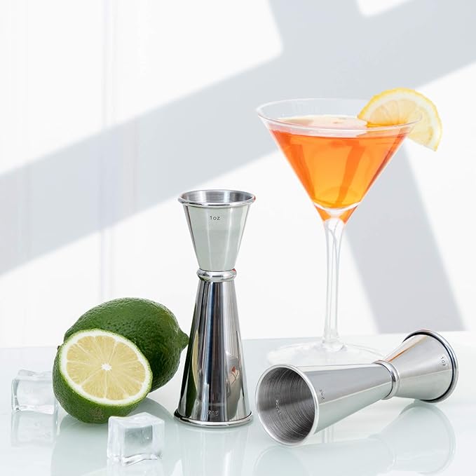 Double Cocktail Jigger - Premium 304 Stainless Steel 2 OZ 1 OZ With Measurements Inside for Bartending