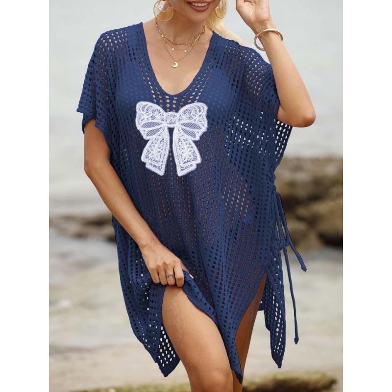 Plus Size Women's Lace Butterfly Splicing Woven Hollowed Out Beach Bikini Smock Dress