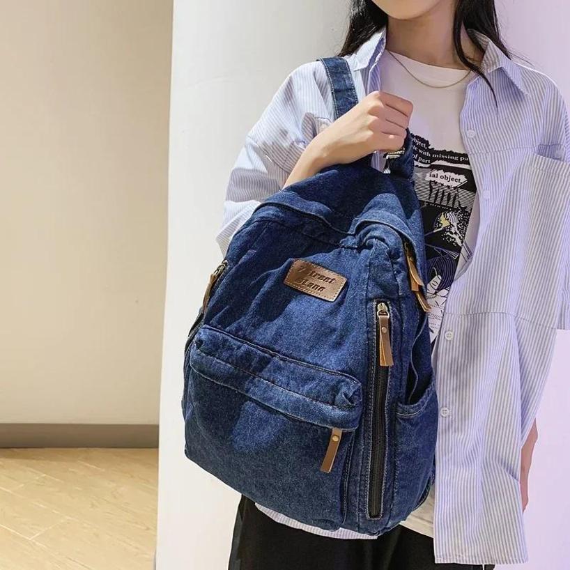 1 ks Módní Nový Styl Jednoduchý A Trendy Batoh Velká Kapacita Odolná Džínová Taška Studentská Taška