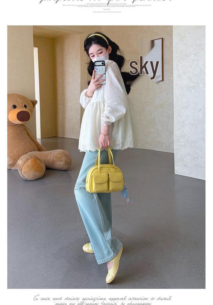 2026 Spring Maternity V-Neck Embroidered Doll Shirt – French Korean Style Loose Top