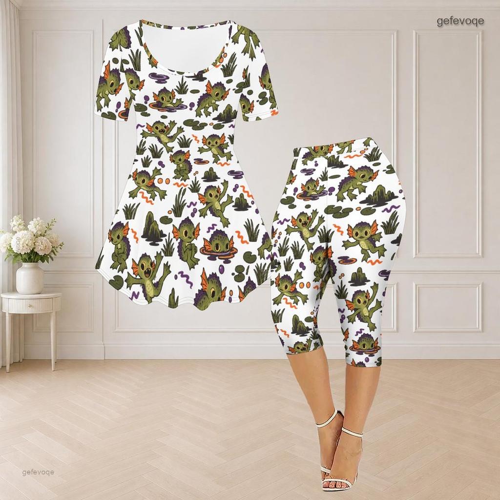 Women Plus Size Printed Round Neck Short Sleeve Flared Top Capri Pants Two Piece Loungewear Set