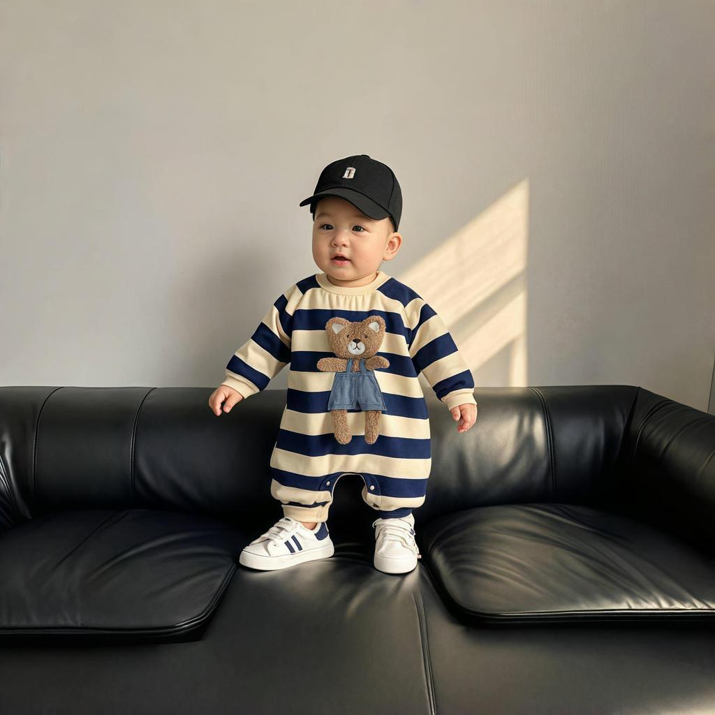 Levinjia Baby Strampler mit Streifen und kleinem Bären - Langarm-Body für Jungen und Mädchen für Frühling/Herbst