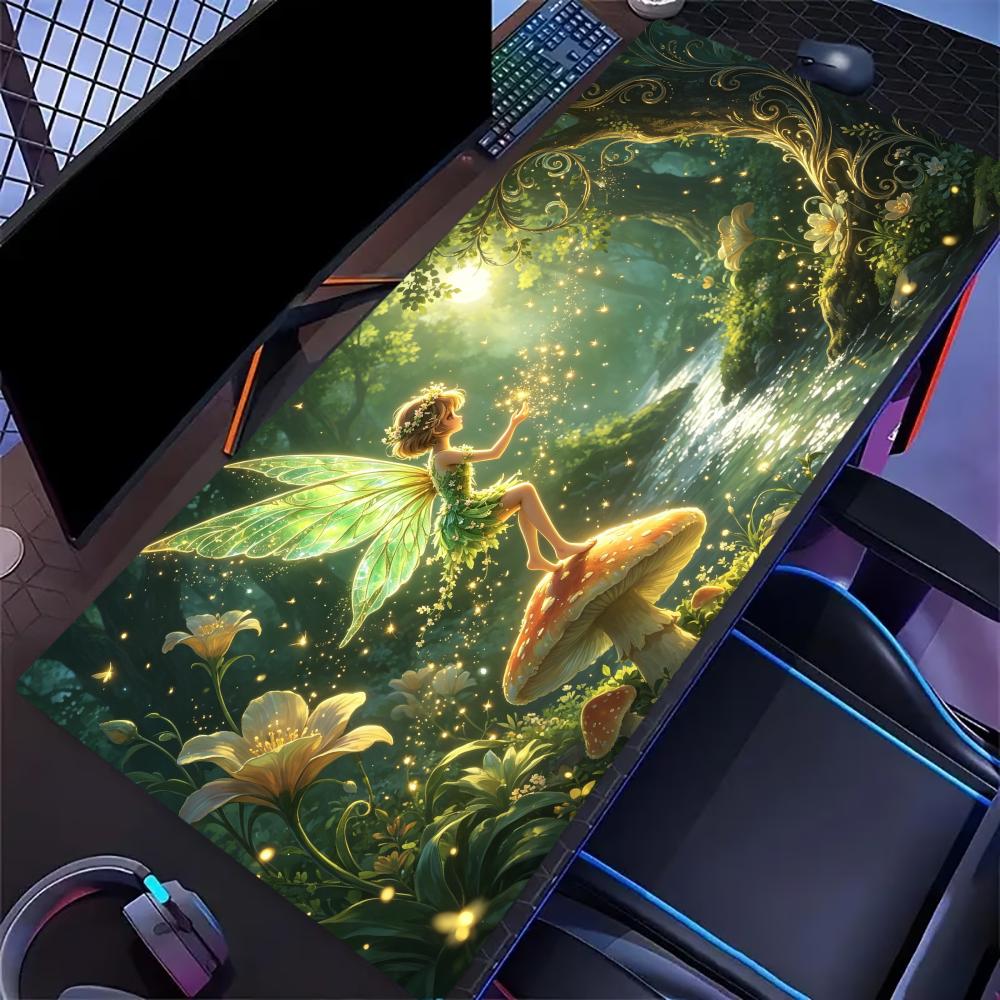 Magical Moonlight Fairy Art Print Gaming Mouse Pad Large Desk Mat Antislip Rubber Base Stitched Edge Keyboard Mat For Office