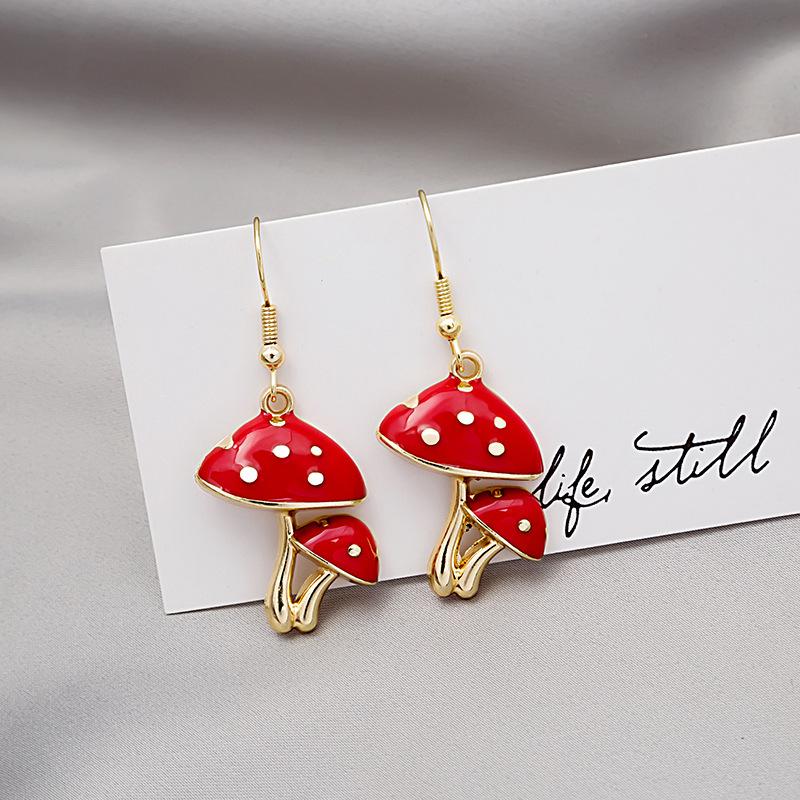 Fun Cartoon Asymmetrical Oil Drop Earrings, Guochao Panda Animal Fruit Earrings, Cute Mushroom Leaf Earrings