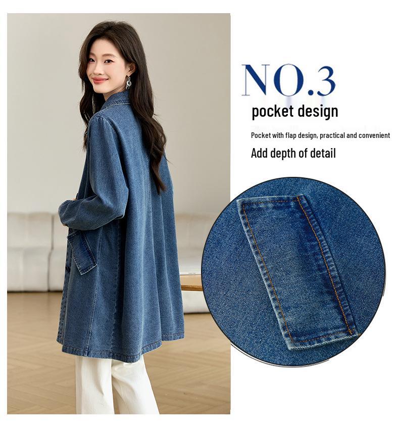 Women's Mid-Length Denim Trench Coat - 2025 Spring/Autumn Casual Korean Style, Slim-Fit, Loose Shirt Top