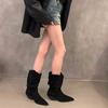 Vintage Thick Heel Pointed Toe Women Western Cowboy Boots Autumn Winter Ladies Shoes Elegant Slip On Mid Calf Booties