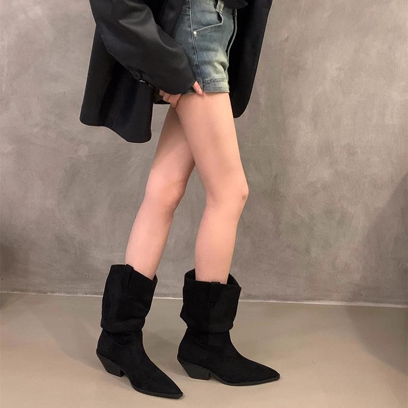 Vintage Thick Heel Pointed Toe Women Western Cowboy Boots Autumn Winter Ladies Shoes Elegant Slip On Mid Calf Booties