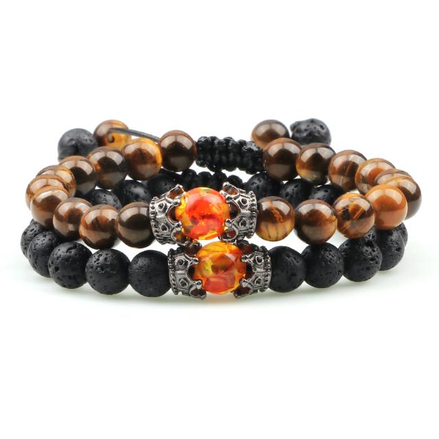 Bracelet de perles d'oeil de tigre de charme de couronne de pierre de lave noire pour hommes femmes Bracelets tressés bijoux réglables faits à la main Pulseira