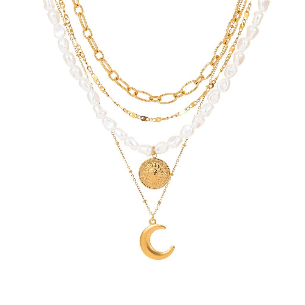 GEMCHIC Women's Layered Baroque Pearl Necklace Gold Sun Moon Pendant Chain Choker Fashion Jewelry