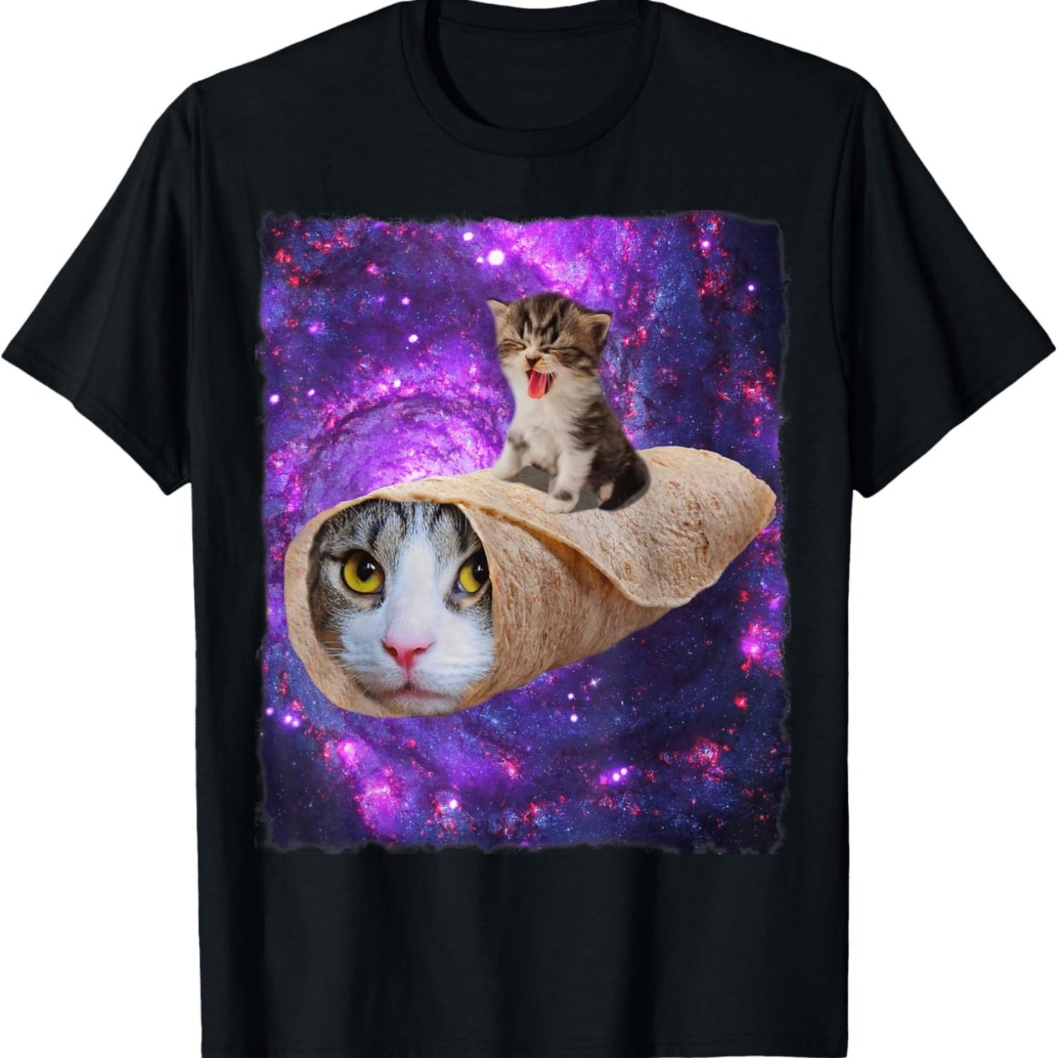 Милый Космический Кот Котенок Верхом на Буррито Кот в Открытом Космосе Футболка S чёрный