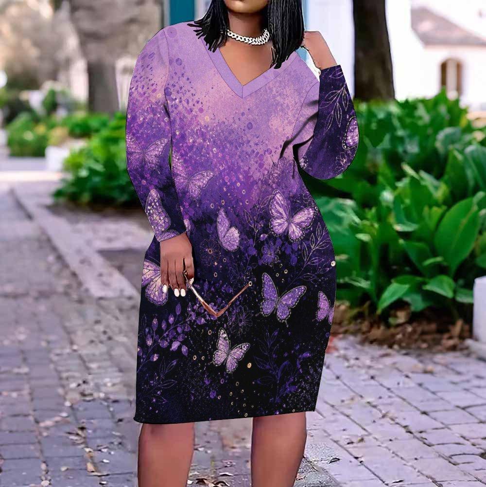 Women Plus Size V Neck Long Sleeve Floral Butterfly Printed Fitted Straight Dress