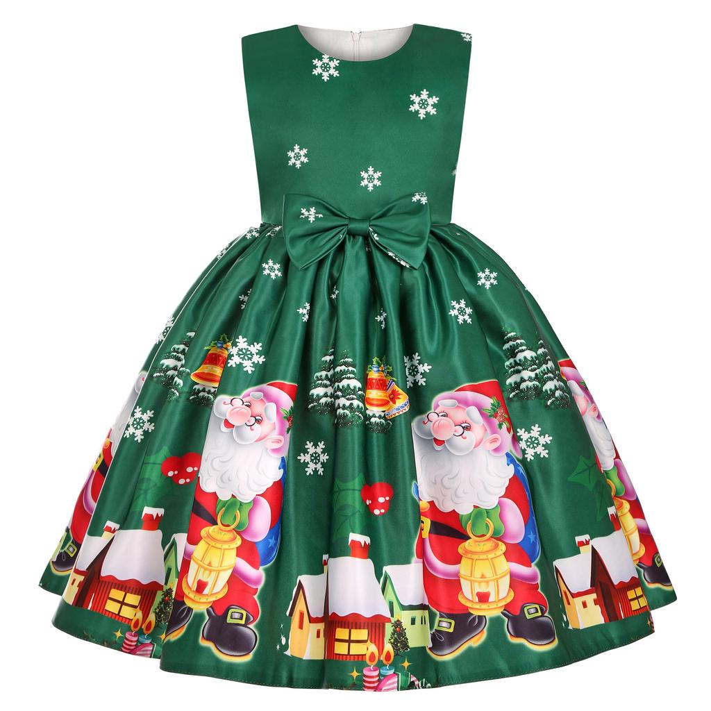 Children's Christmas Dress Cartoon Print Bow Dress Christmas Performance Sparkling Kids Birthday Dress Elegant Soft Party Dress Ball Gown for Girls