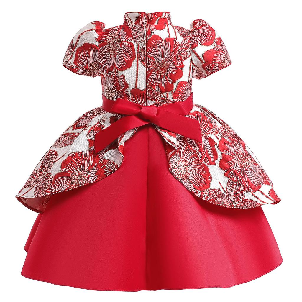 2025 Girl's Dress Princess Formal Party Little Girls Chi-pao Short Sleeve Cheongsam Red 3-10 Years