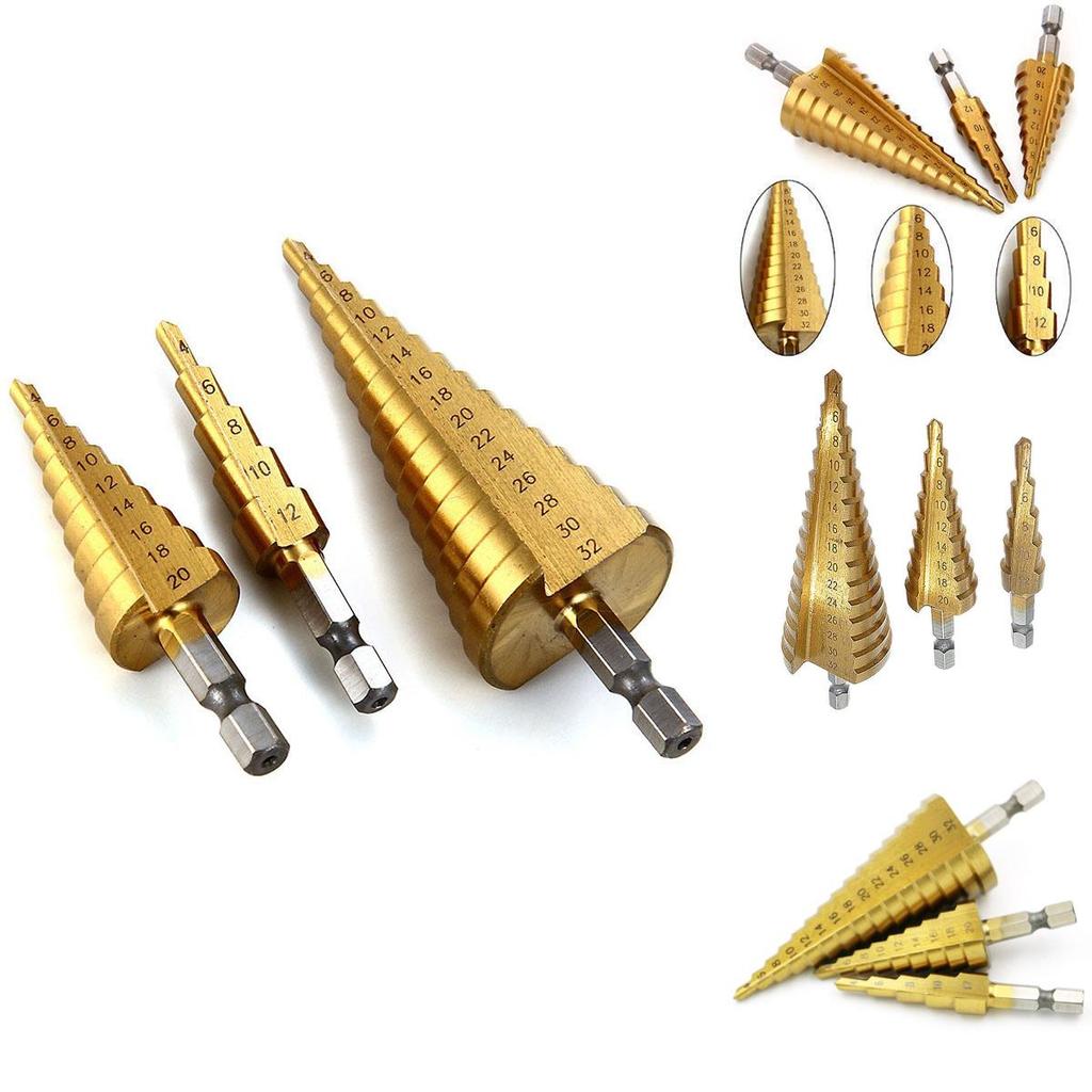 High-quality 3 Pcs 4-12/20/32mm Large Hss Steel Step Cone Drill Titanium Bit Hole Cutter Set For Exceptional Cutting Performance