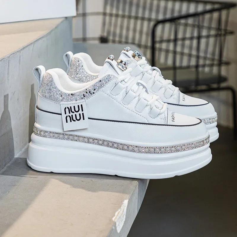 Mode Top-Qualität 7cm Echtes Leder Damen Plateau Keilabsatz Herbst Frühling Versteckte Absätze Damen Vulkanisierte Bling Sneakers Freizeitschuhe