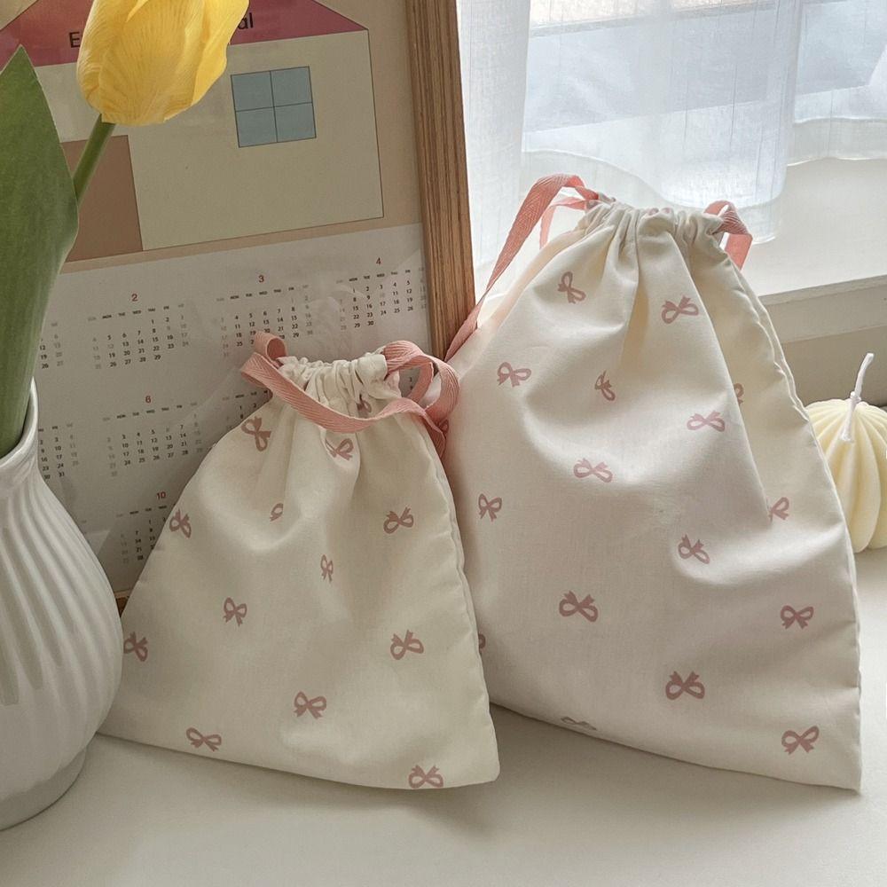Casual Canvas Bow Print Drawstring Backpack Lightweight Large Capacity Storage Hanging Bag foldable Gym Sack Travel