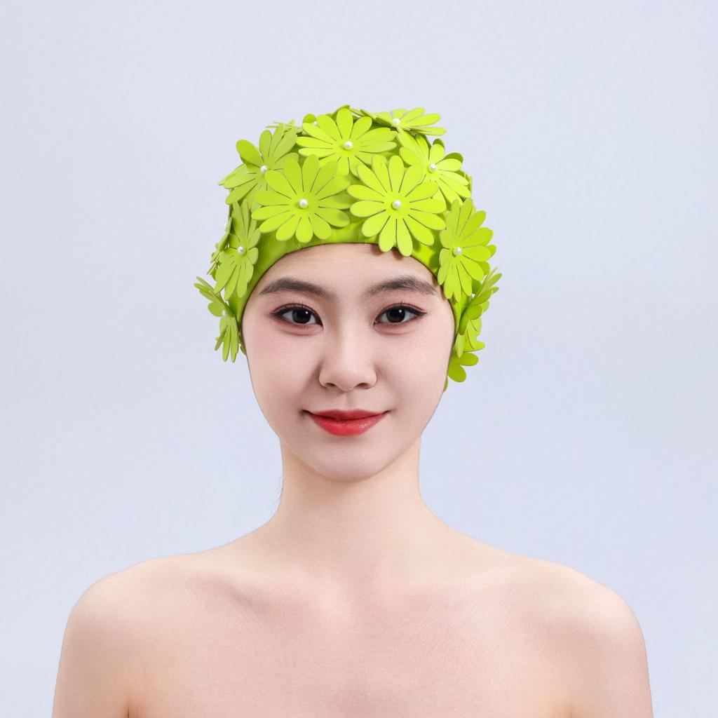2026 PU Waterproof Swimming Cap Female Double Thickened Handmade Three-dimensional Single-layer Three-layer Flowers Fashion Female Swimming Cap
