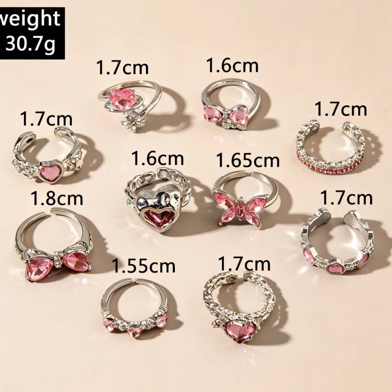 10Pcs/Set Y2K Pink Zircon Heart Bowknot Open Rings Set for Women Fashion Metal Irregular Adjustion Finger Ring Wedding Jewelry