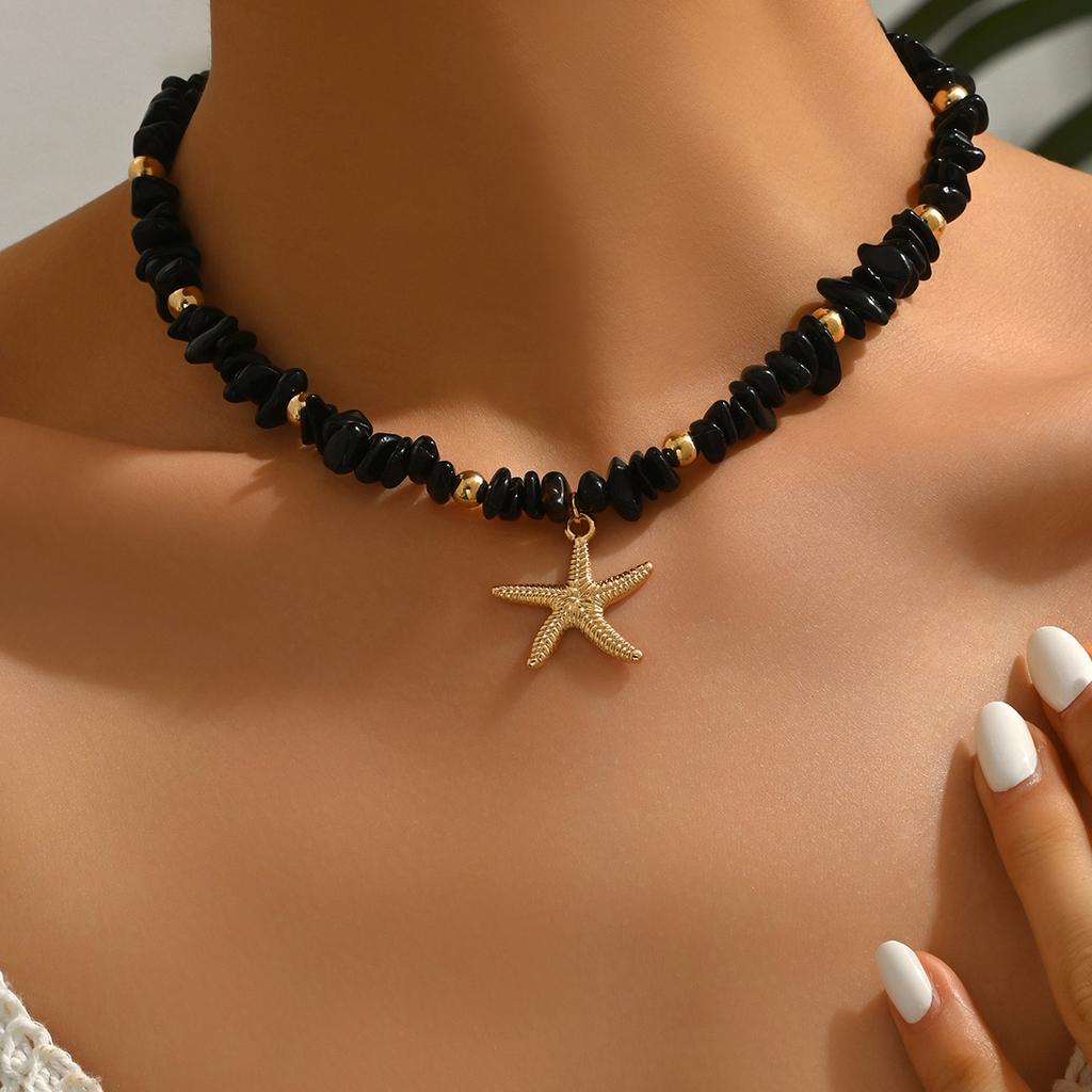 Chip Stone Choker Necklace for Women Starfish Pendant Boho Beach Adjustable Multicolor Summer Fashion Jewelry