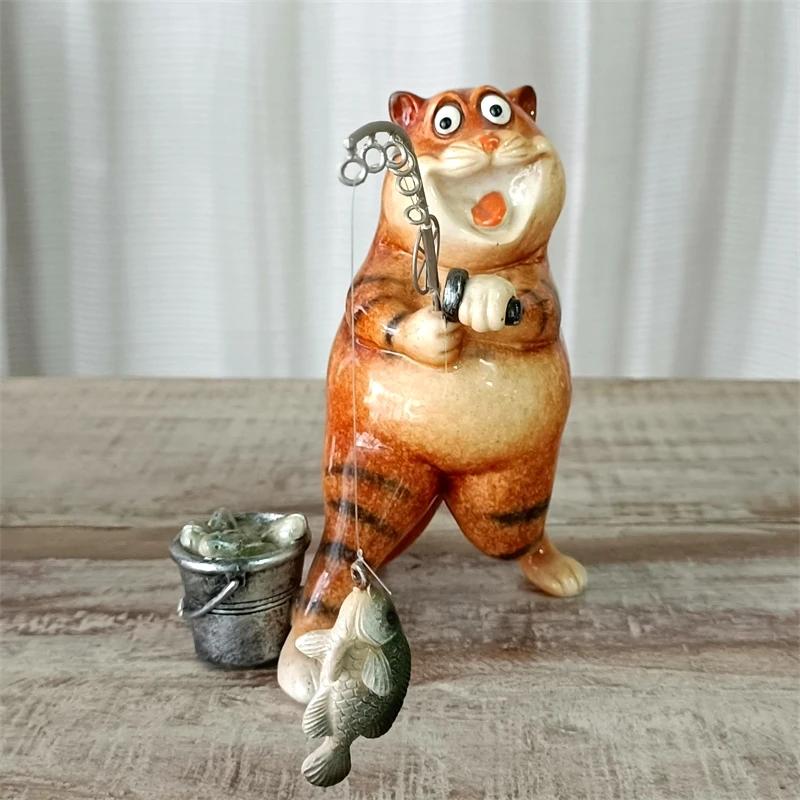 Cute Fishing Cat Miniature Fish Catching Figurine Relaxation Sports Ornament Cartoon Kitty Character Decor Entertainment Craft