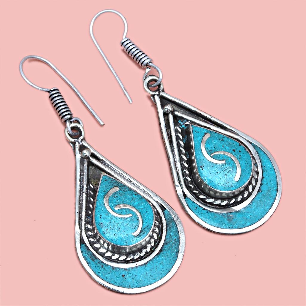 Boucles d'oreilles Tibétaines Turquoise Lapis Lazuli Népalaises Bijoux Faits Main Corail Tribal