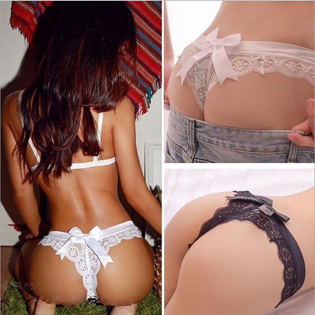 Women Lace Panties Perspective Bowknot Decoration Add Charming Breathable Stylish Briefs Black L