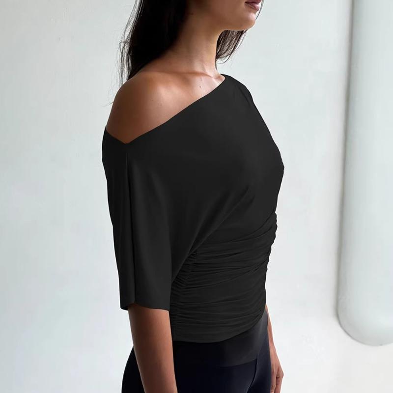 T-shirt Casual da Donna Sexy Aderente con Ruches a Spalla Unica Manica Corta