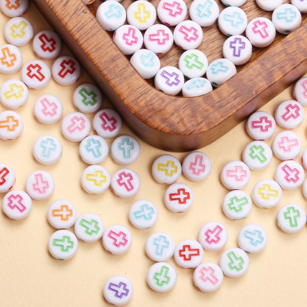 80Pcs 7mm Cross Pattern Acrylic Loose Beads for Jewelry Making DIY Bracelet Necklace Handmade Keychain Earrings Phone Chain Materials Accessories
