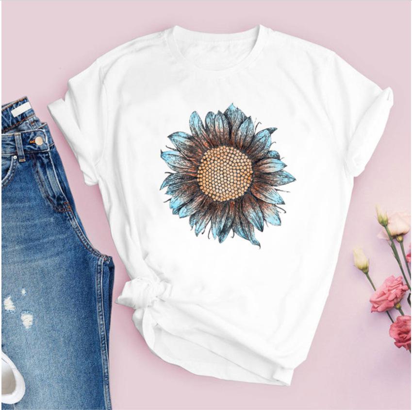 

Casual Flowers Sunflower Graphics Woman T-Shirt 90S Summer Shirts Loose Short Sleeve Female Tops Kids Blouses Clothing XXXL білий