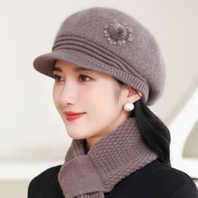 Winter Cap Women Autumn and Winter Knitted Cap Warm Faux Rabbit Fur Beret Plush Ear Protector Wool Cap