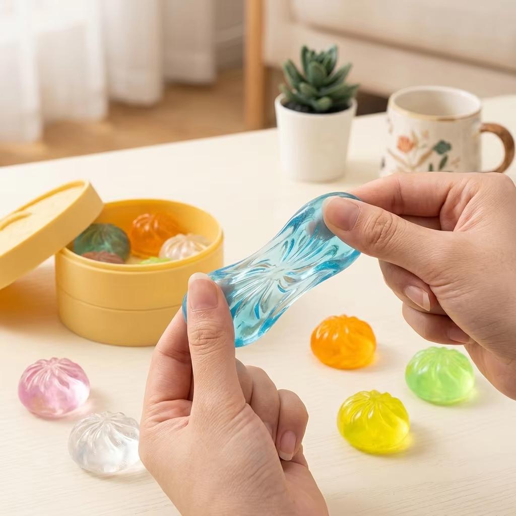 Mini 5Pcs Dumplings With Steamer Bun Squeezable Toy Set Soft Stress Relief Crystal Squishy Fidget Sensory Toy Adults Favors Gift