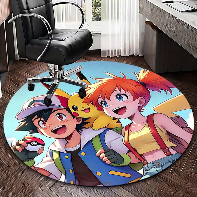 1 Stück Pokémon Pikachu & Trainer Runder Teppich - Anime Design Stuhlmatte, Bürogeschenk, Saisonale Dekoration, Geeignet für Zuhause, Wohnzimmer