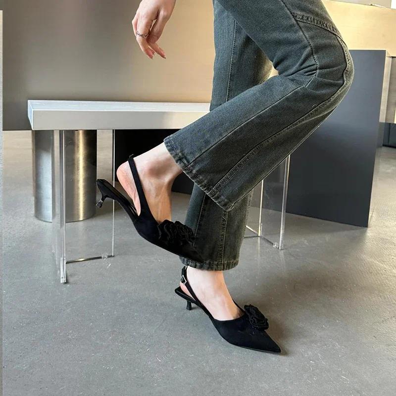Romantické boční růžové květinové sandály s rolákovým podpatkem, dámské elegantní špičaté boty s kotěcím podpatkem, džínové jehlové boty, dámské ležérní párty boty