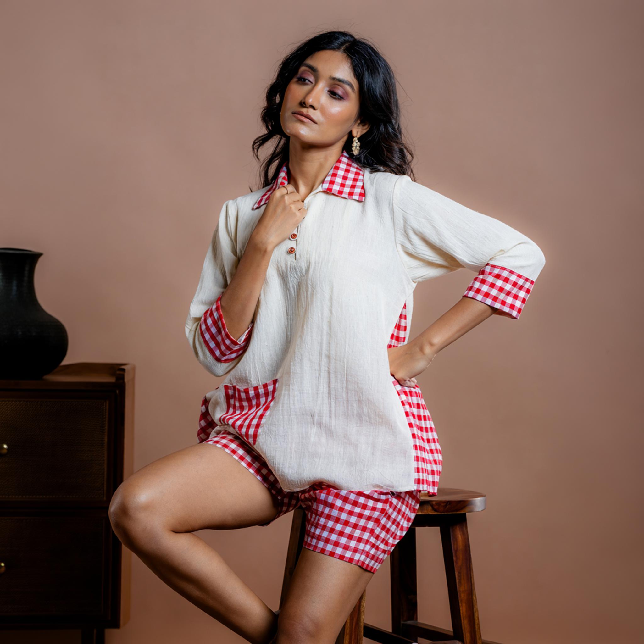 Viyana Kora- Red Kala cotton Co-ord set S грязно-белый/красный