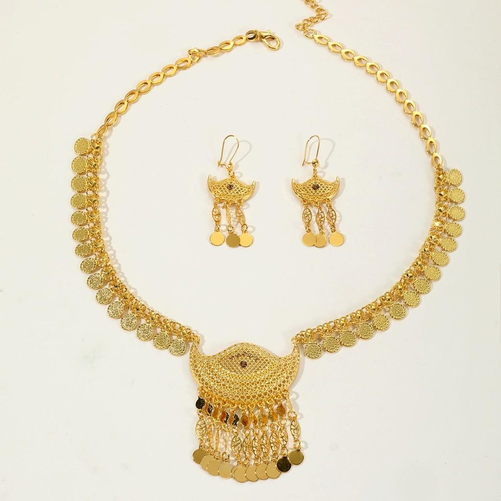 Trendy Alloy Gold Jewelry Collection With Hollow Coin Necklace And Earrings For Wear Casual