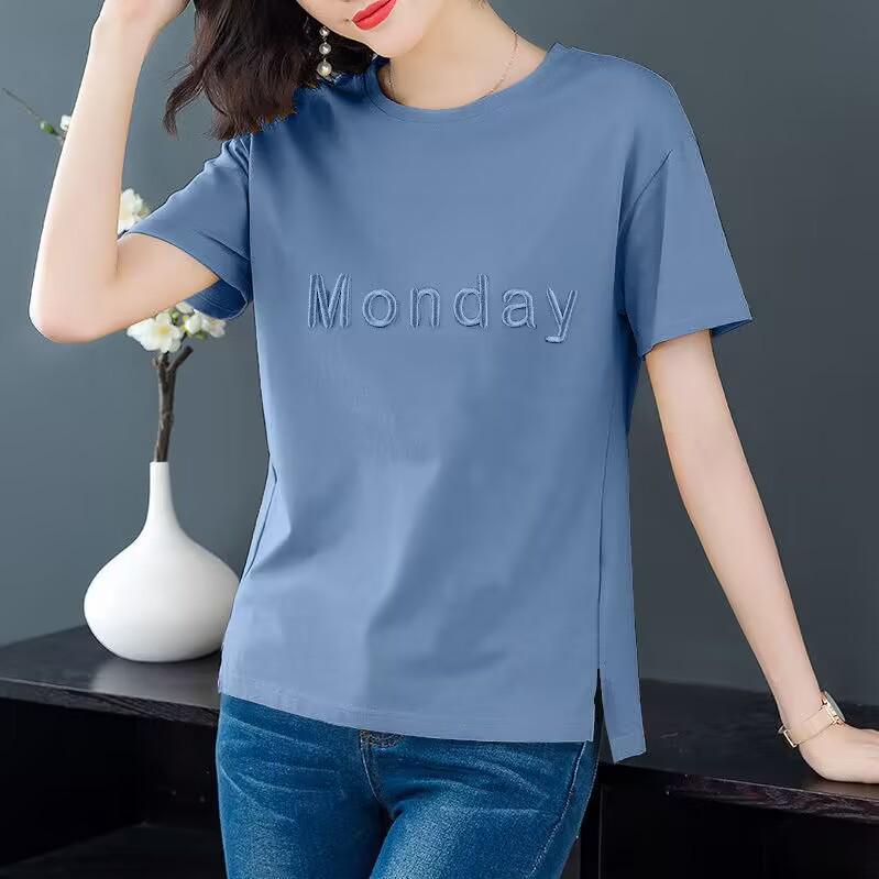 Korean Style Short Sleeve Embroidered T-shirt for Women, Summer 2026 Collection - Loose Plus Size, Slimming Fit for Middle-aged Mothers