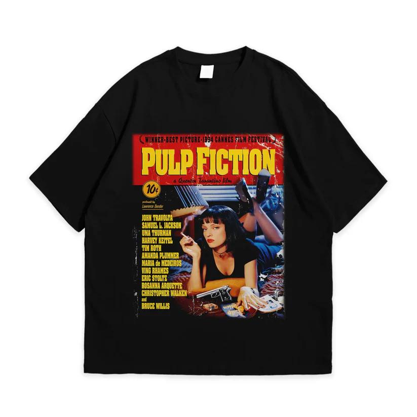 Pulp Fiction Unisex Cotton TShirt Vintage Retro Graphic Print Black Summer Short Sleeve
