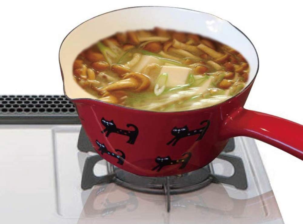 Tamahashi Milk Pan, Enamel, Induction and Gas Compatible, 15cm, Made in Japan, Prune, Red, Colorful Cat Design, YJM-200