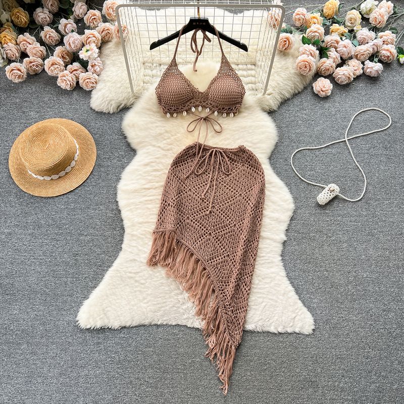

Hong Kong Style Vacation Style Suit Women s Stylish Bikini Halterneck Vest All-Matching Tassel Skirt Knitted Two-Piece Brown One size