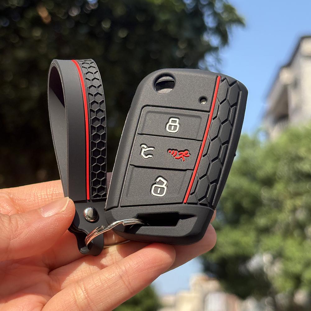 

Silicone Key Fob Cover Fit For Volkswagen Vw Atlas Tiguan Golf Alltrack Sportwagen R Polo E-Golf Folding Flip 4 Buttons Key Fob