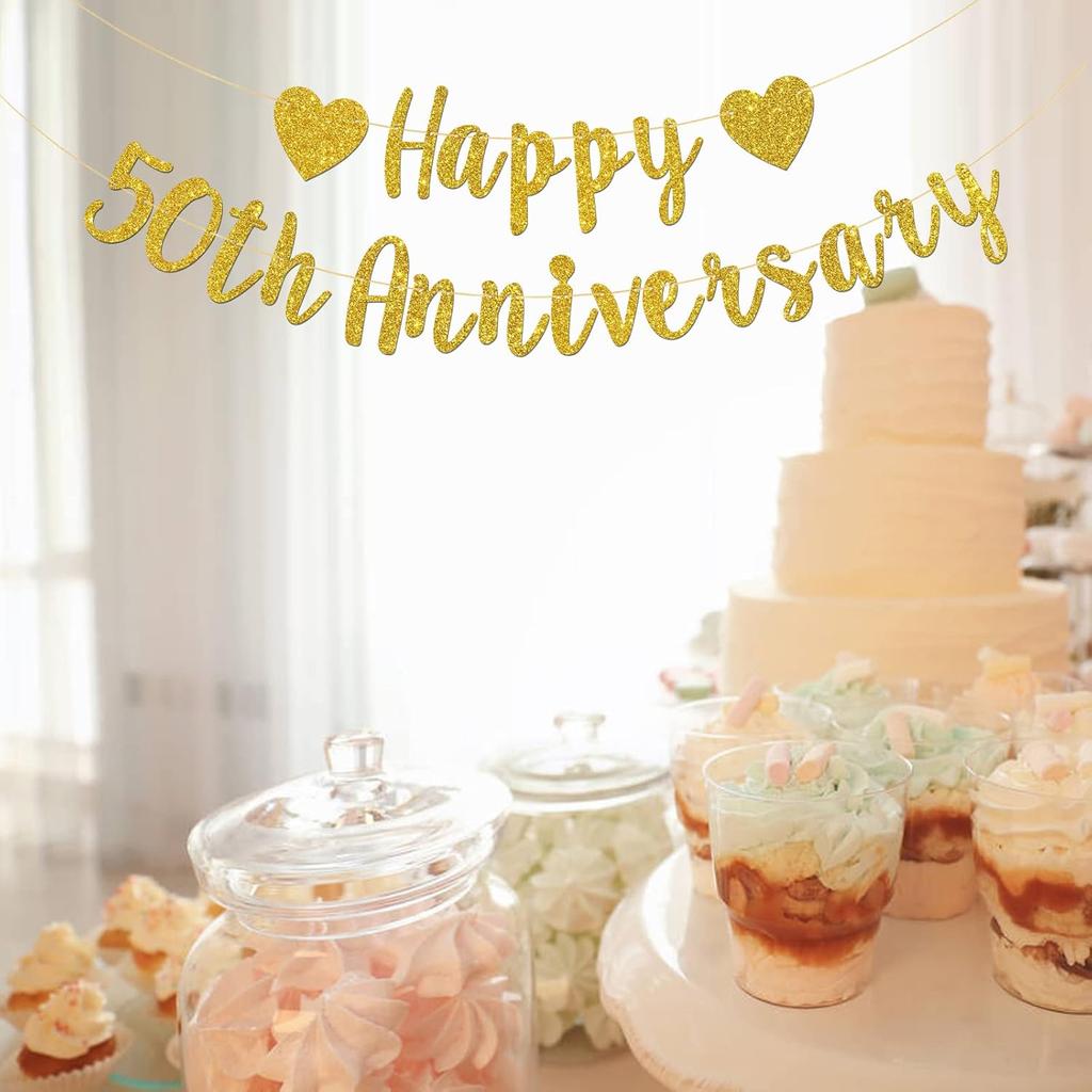 Happy 50th Anniversary Banner, 50th Wedding Anniversary, 50th Birthday, 50 Years Loved Party Decorations (Gold Glitter)