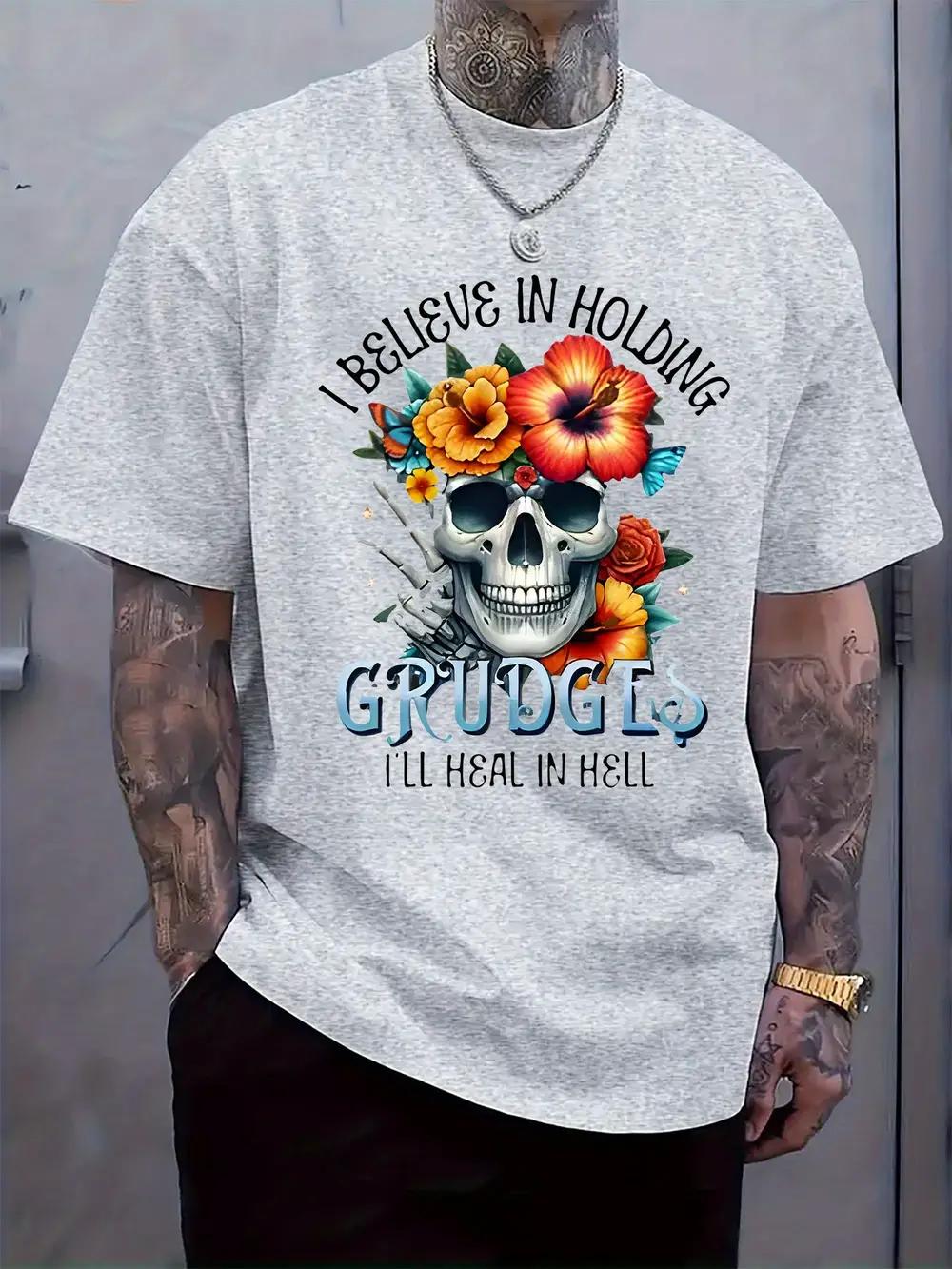 

Round Neck Short Sleeve T-shirt Featuring a Skull And Flower Design XXXL